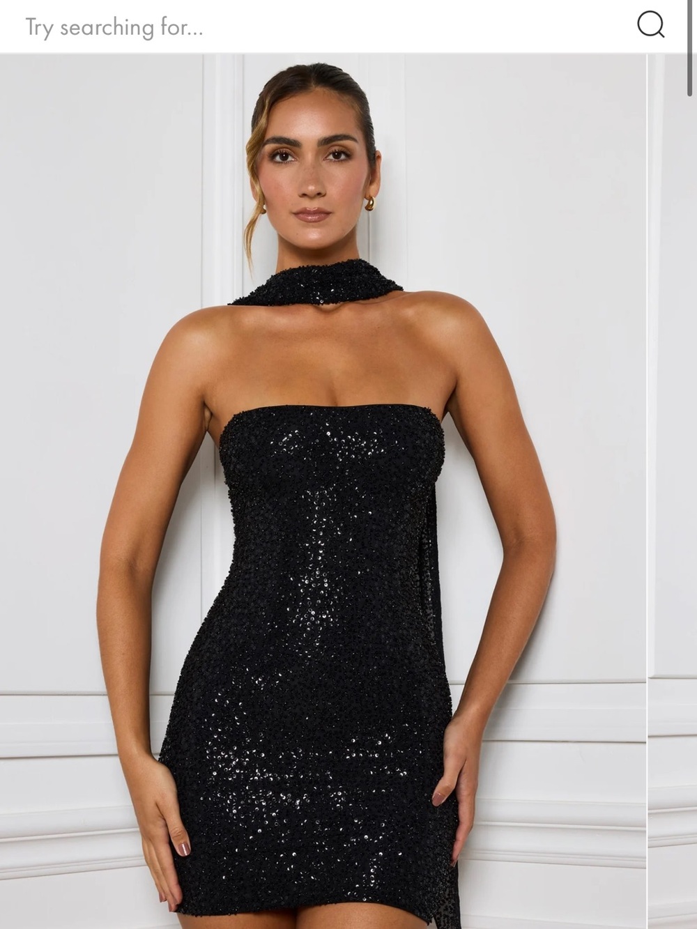 Oh Polly Black Sequin Strapless Mini Dress with High Neck Detail